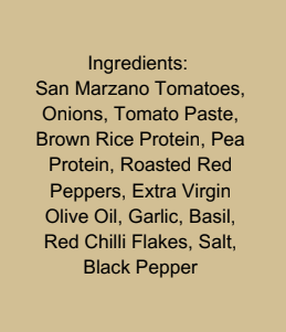 back label or ingredients, cfia, roma tomatoes, onions, tomato paste, brown rice protein, pea protein, red peppers, tomato basil sauce, plant based protein