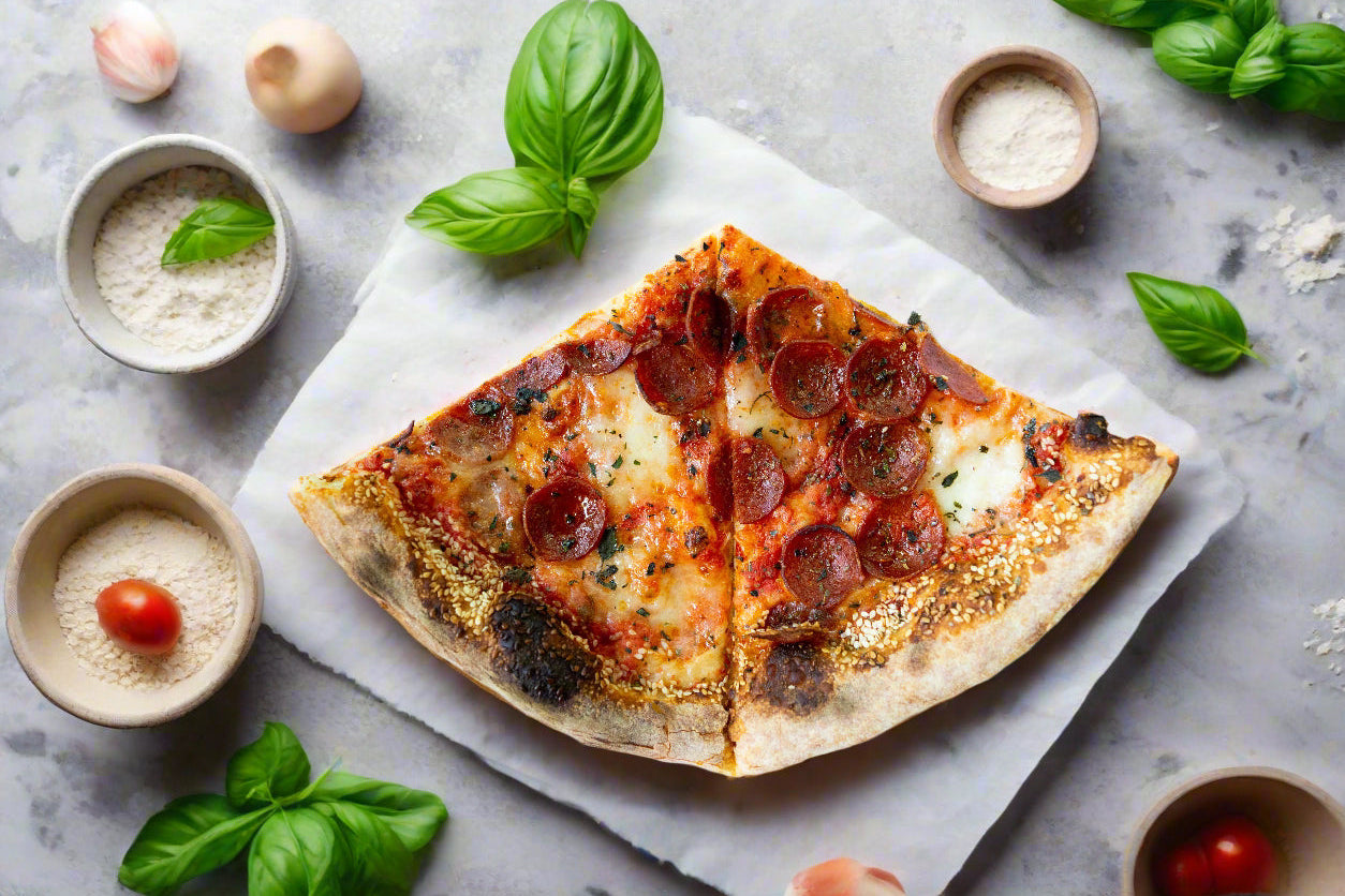 Saucy high protein tomato basil sauce on pepperoni pizza sesame seeds easy quick meals
